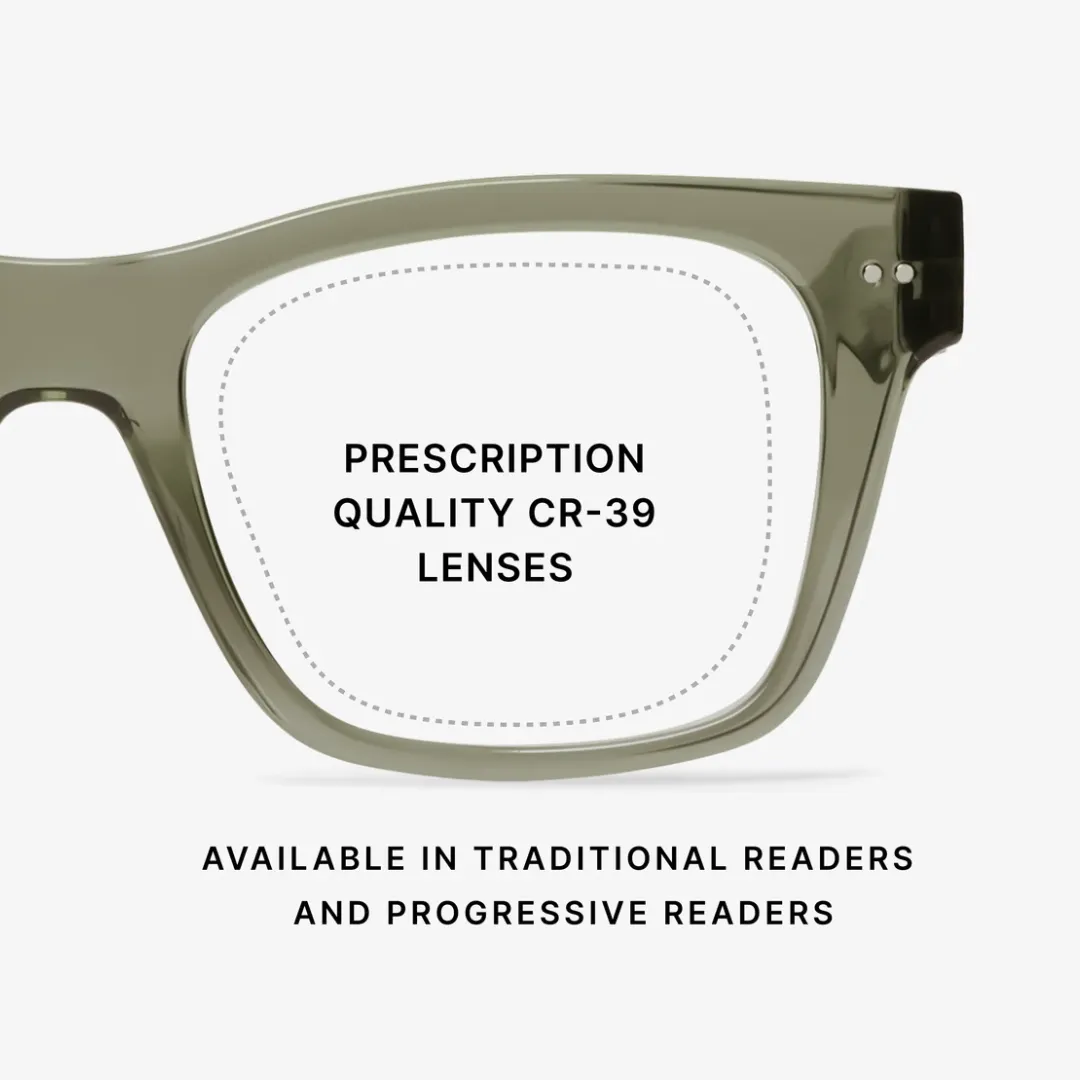 An olive LOOK OPTIC frame with the lens outlined, captioned “prescription quality CR-39 lenses, available in traditional readers and progressive readers”