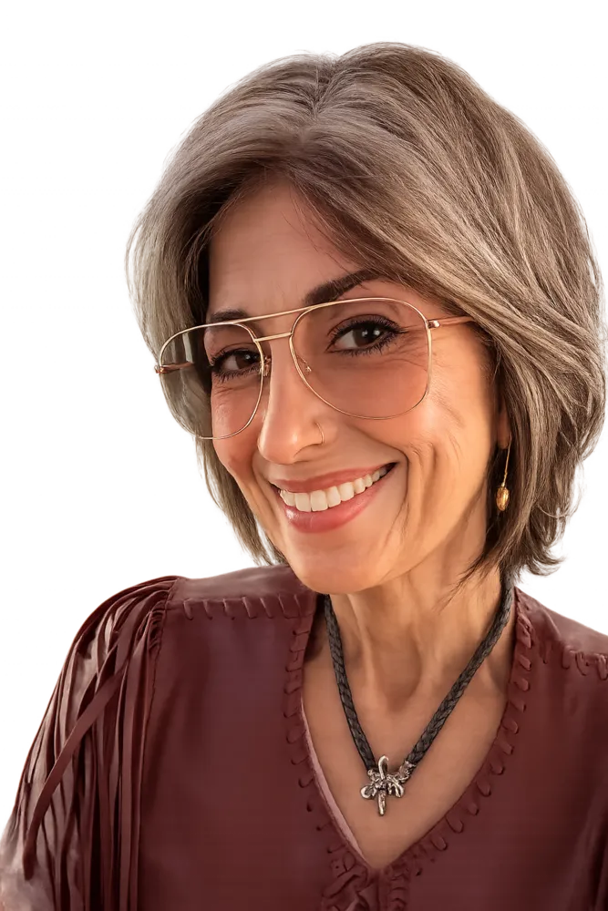 Mari wearing LOOK OPTIC Muse Progressives with thin frames against a plain background